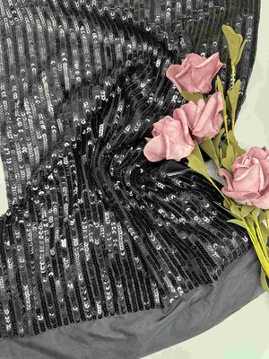 49'' Black Tulle Sequin Embroidery Mesh Fabric For Evening Dress