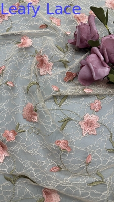 Leafy Embroidery Lace Fabric Floral Elegent 100% Cotton For Dress