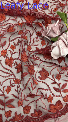 Red Embroidered Lace Fabric Leafy Mesh Ground for Party Dresses Clothing