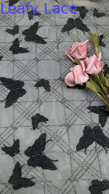 Butterfly Embroideded Plaid Mesh Breathe Lace Fabric For Girls Party Gowns