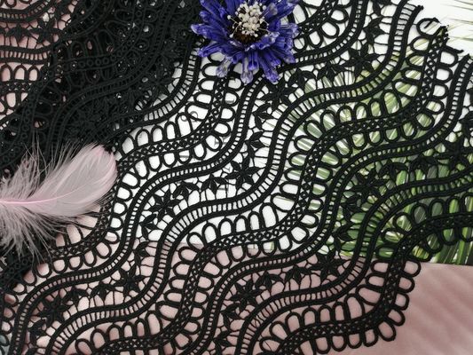 Black 100% Polyester Chemical Crochet Lace Fabric Heavy Embroidery