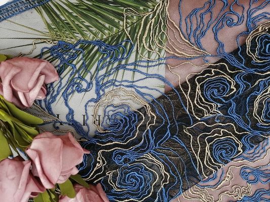 Polyester Blue Floral Embroidered Lace Fabric For Garment Brands