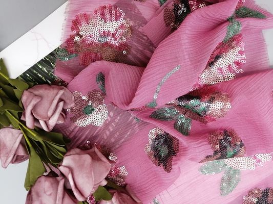 100% Silk Allover Colored Embroidered Floral Sequin Fabric