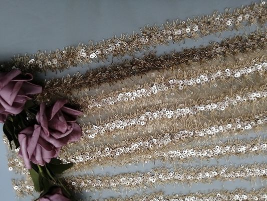 Lady Dress Decoration 60 Yards Linear Embroidered Sequin Lace Fabric