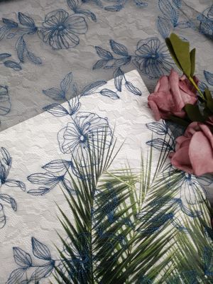 Blue Voile Embroidered Lace Fabric Floral Tulle Mesh