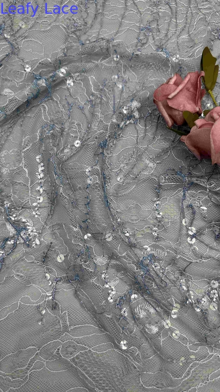 45 Inch High Quality Blue Color Floral 3D Sequin Tassels Embroidery Lace DressFabric For Women Fashion Dress