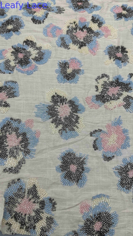 Full Width Embroidery Fabric With Colorful Beaded Floral Patterns On 100% Rayon Ground Fabric For Fashion Evening Dress