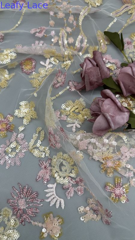 Leafy Lace Sequin Embroidered Fabric 3D Floral Elegant And Breathe Luxury Occasion Fabric