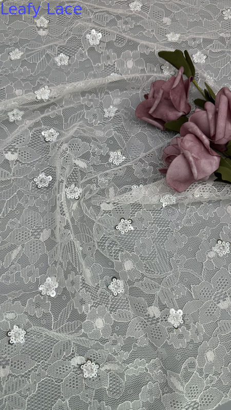 White French Chantilly Lace Fabric Luxury Sequin Lace for Evening Gowns and Couture Designs