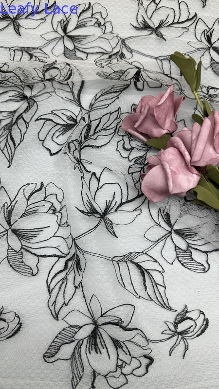 White And Black Floral Embroiedered Lace Fabric for Womens Luxury Tulle Mesh Fabric