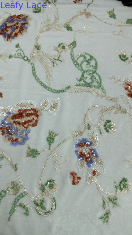 Flocked Mesh Flroal Sequin Embroideded Lace Fabric For Wedding Party Gowns