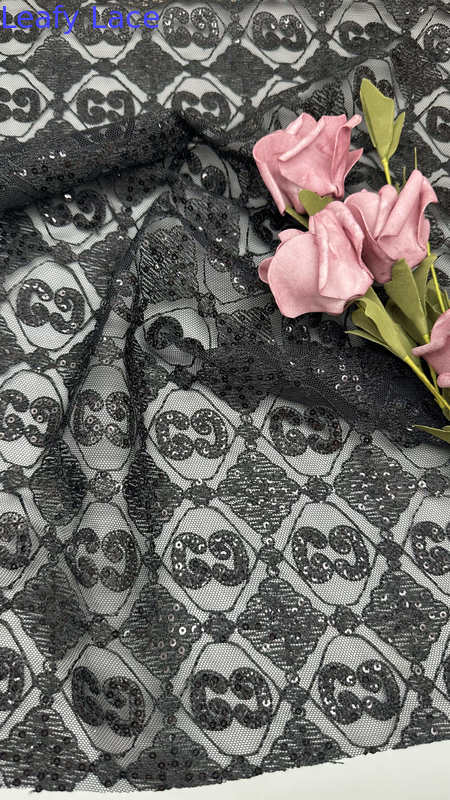 Leafy Embroideded Lace Fabric Blace Mesh Ground Special Design For Dinner Gowns