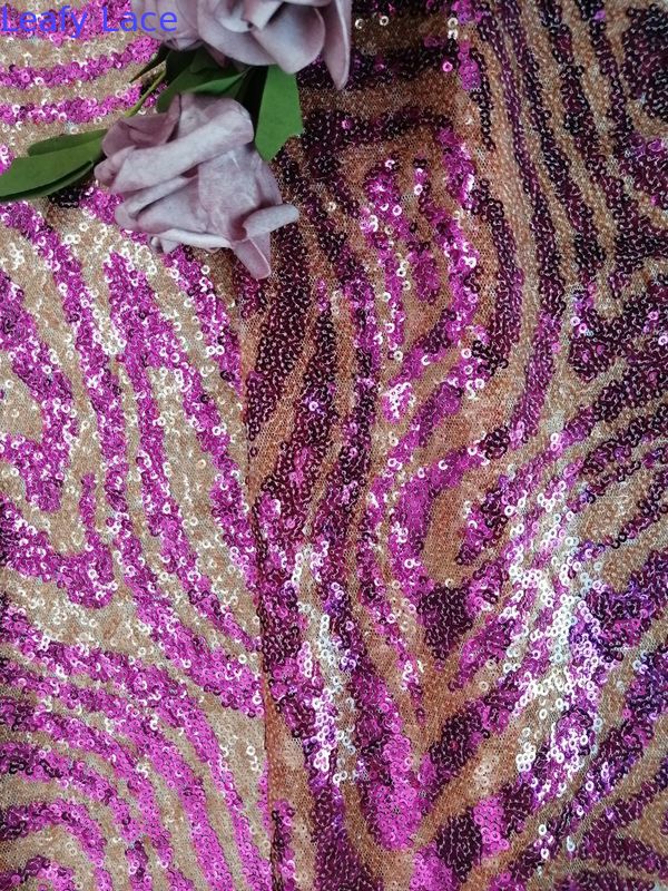 Tiger Pattern Animal Design Embroidered Sequin Lace Fabric purple Color