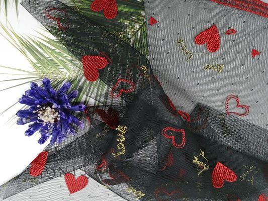 テュルの赤い網のEcoの友好的な49インチによって着色される刺繍の生地