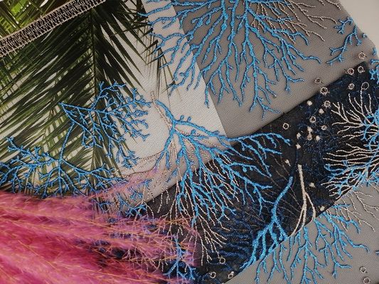 党青い海植物の125CM刺繍されたレースの生地