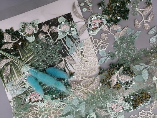 Dress AZO女性自由な緑の花のスパンコールの刺繍された生地